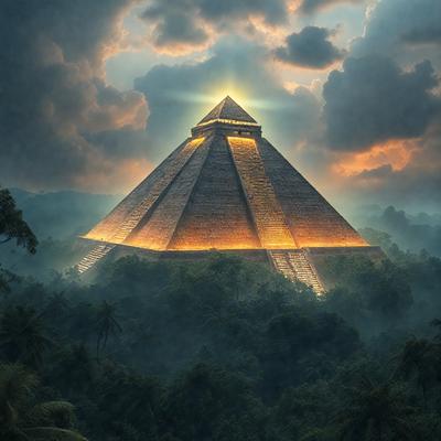 The primary subject of the image is a large, ancient-looking pyramid with a golden glow. The setting is a dense forest, with the pyramid towering above the surrounding trees. The visual style is a combination of photo and digital art, creating a unique and captivating scene. The dominant colors are golden and green, giving the image a warm and serene atmosphere.